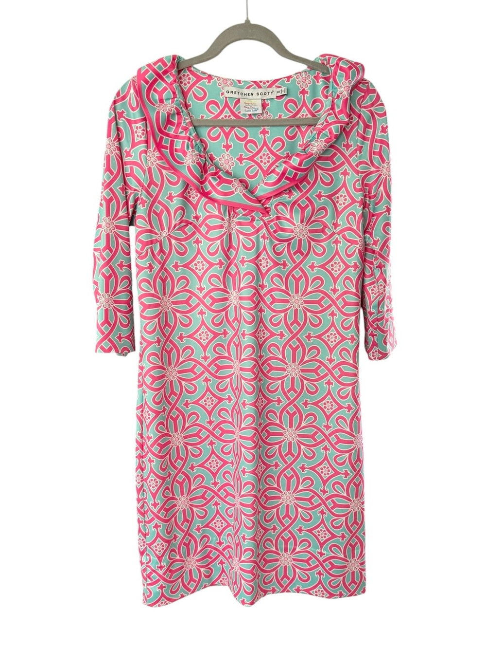 Gretchen Scott Ruff Neck 3/4 Sleeve Sheath Dress Pink Turquoise Print Sz Small - Picture 2 of 12